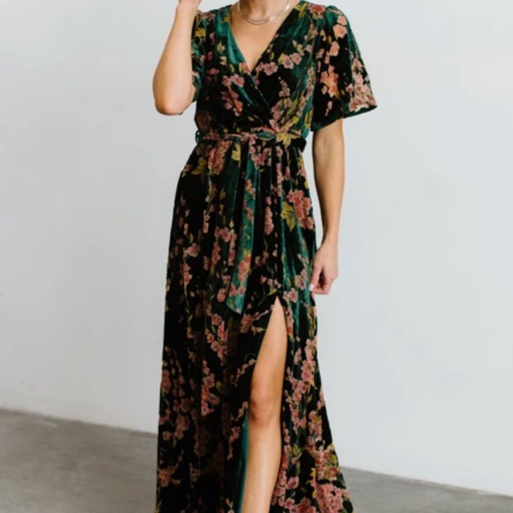 Green velvet dress with flowers